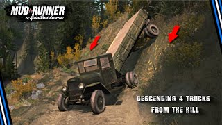 Spintires MudRunner - Impossible driving 4 trucks off the cliff - Almost load drop situation!