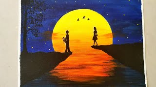 Easy Acrylic Painting for Beginners / A Romantic Couple On a Sunset Scenery Painting/Sunset Painting
