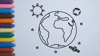 Menggambar dan Mewarnai Bumi, matahari, bulan dan bintang-bintang | How to Draw Earth for Kids