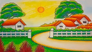 How to draw a village house scenery with colour | Landscape village scenery drawing with oil pastel