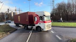 POV+CV 4K. Driving in Hamburg from industrial zone to road 23 on road 7 and Elbtunnel with Volvo FH