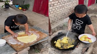 田舎のライフスタイル小さなシェフが料理を作る, 料理の才能, Rural lifestyle Little Boy cook food like an expert