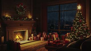 Peaceful Christmas Eve | Rain \u0026 Crackling Fireplace Sounds for Stress Relief