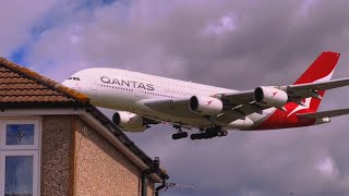 HUGE QANTAS Airbus A380 flying SUPER LOW over houses at Heathrow LHR