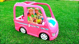 Vlad and Nikita ride on doll car and have new Adventures