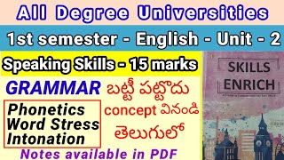 English 1st semester grammar. unit 2 speaking skills. #Phonetics, #wordstress #intonation in telugu