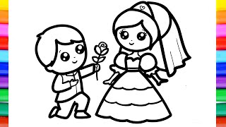 How to draw a groom with a rose and a bride | Cara menggambar Pengantin untuk anak-anak