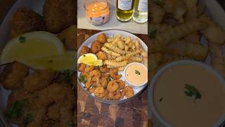 Fried shrimp, hush puppies and French fries. 😍😍😍 #friedshrimp #hushpuppies #seafood #spicymayo