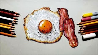 色鉛筆で目玉焼きとベーコン描いてみた　Draw a fried egg and bacon realistically with colored pencils