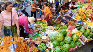 Cambodian street food - Walking tour at Boeung Prolit market delicious plenty food, fruit \u0026 Snack