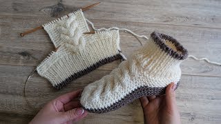 Следки – сапожки с косами спицами | Homemade knitted slippers