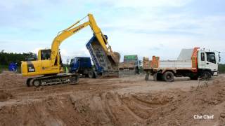 รถแบคโฮโคมัตสุขุดสระน้ำตักดินใส่รถดั้มหกล้อ KOMATSU PC130 Excavator and Truck Thailand | Che Chef