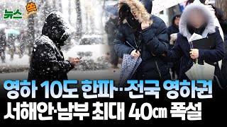 [뉴스쏙] '갈수록 추워진다' 곳곳 영하 10도 안팎 강추위…수도권·강원 한파 특보｜서해안·남부는 눈 최대 40㎝ 폭설 예보도 / 연합뉴스TV (YonhapnewsTV)