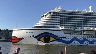 Amazing and Biggest AIDA Perla cruise ship crossing over at Hamburg port.