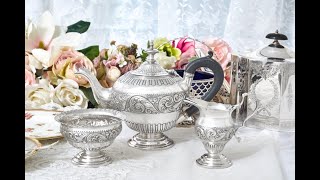 シルバープレート製 流れるような美しいスクロール装飾 バチェラーサイズ ティー3点セット/ Silver plated bachelor size tea set