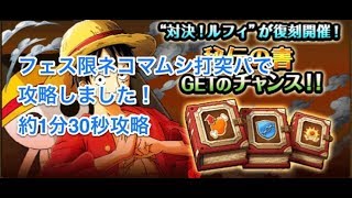 【トレクル】ONE PIECE  スペシャル島 対決！ルフィ 秘伝の書GET@フェス限ネコマムシ打突パで攻略しました。約1分30秒【OPTC】