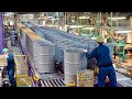 Process of making drum cans. Mass production plant in Japan