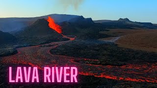 Hot Lava River from volcano in Geldingadalir 2021 Iceland
