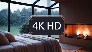 Cozy Bedroom with Crackling Fireplace Snowfall Outside | Relaxing Fire Sounds & Winter Wind Ambience