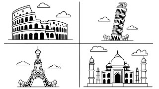 How to Draw Famous landmark part-1 | Eiffel tower, The Leaning Tower of Pisa, taj mahal, Colosseum