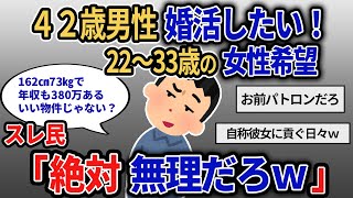 【報告者キチ】今の彼女が結婚願望無いので婚活したい！42歳男性だけど22歳～33歳くらいの女性がいいな。どういう条件ならいいと思う？スレ民「絶対無理だろｗ」【2chゆっくり解説】