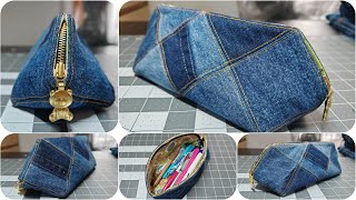 17 pieces patchwork zipper pencil case/trousse fermeture éclair recycle denim tutorial #0127