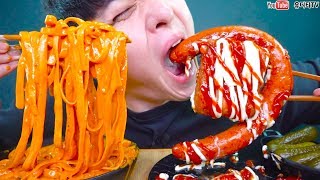 SPICY  PASTA SPAM SAUSAGE 매운까르보나라파스타와 통스팸 킬바사소시지가 만났다!! 나트륨과다섭취주의 REAL SOUND MUKBANG