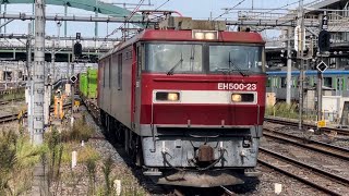 JR貨物EH500形23号機＋コキ16B（両）が力強く加速しながら大宮駅6番線を通過するシーン（2090レ・仙貨A107・コンテナ輸送）2024.10.19