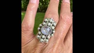 Vintage Statement Silver Pearl Moonstone Cabochon Ring