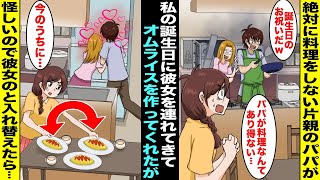 【漫画】料理を絶対しない片親のパパが私の誕生日に家に彼女を連れてきて「みんなで誕生日会をしようw」と私に初めてオムライスを作ってくれた…怪しく思った私がパパの彼女のオムライスと入れ替えておいたら・・・