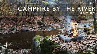 4 hours - Autumn Campfire Sounds by the River | Nature Sounds | ASMR Nature | 4K