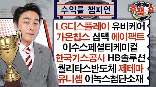 LG디스플레이,유비케어,가온칩스,심텍,에이팩트,이수스페셜티케미컬,한국가스공사,HB솔루션,퀄리타스반도체,제테마,유니셈,이녹스첨단소재,LG생활건강_주식 챔피언 쇼 (20240723)