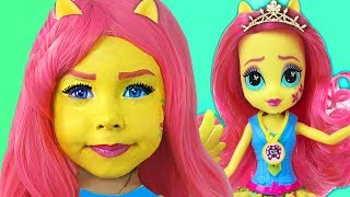 Kids Makeup My Little Pony Fluttershy Equestria Girl Little girl pretend play with Doll & DRESS UP