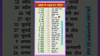 2025 के प्रमुख व्रत त्योहार | Festival list 2025 | 2025 ke pramukh vart tyohar ki list #shorts#like