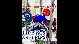 Incline Bench Press 110.5 kgs x 4+1 reps | Weighted Dips | #rhinomight #powerbuilding #bodybuilding