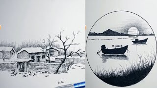 How To Draw Village  And River Using Only One Pencil