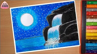 How to draw Moonlight Waterfall Scenery with Oil Pastels   Step by Step