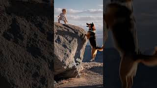 Baby climbing up the stone and the dog will not jump on the stone to save the baby