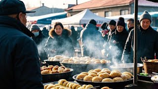 A lively -20°C market in Northeast China with silkworms, sauerkraut, seafood, and winter treats.