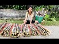 The orphan girl cooked and chopped a basket full of sugar cane to sell.