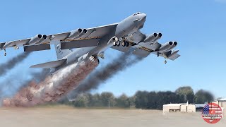 Emergency takeoff! US Air Force B-52 Stratofortress bomber flying at full speed