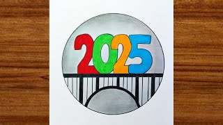 Happy new year drawing 2025 /New year drawing 2025 / Circle scenery drawing / Easy  drawing 2025