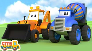 Farm tractor and construction vehicle plant and harvest fruit\u0026vegetable —Tractor, harvester.