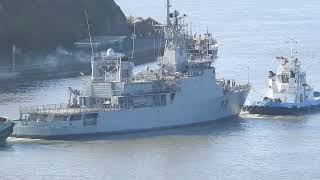 LÉ Eithne departs from Haulbowline Naval Basin assisted by tugs  DSG Alex + Jerry O'Sullivan 5/3/24