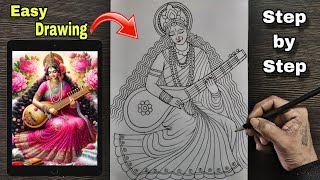 Saraswati Mata Drawing || Saraswati Drawing Easy || Saraswati Thakur Drawing