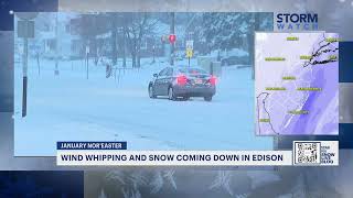 JANUARY NOR'EASTER: Winds picking up in Edison, blowing snow across roads