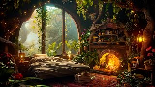 Relax and Enjoy w/ Cozy House Woods in Rainforest | Calming Magical Music \u0026 Rainfall | Read, Work