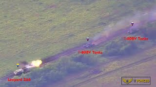 Battle of Tanks!! Ukrainian Leopard 2A6 Destroys Two Russian T-80BV Tanks at Close Range at Robotyne