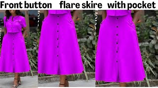 How to cut and sew a FRONT BUTTON FLARE SKIRT with inner pocket free hand method step-by-step