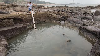 台风掀起巨浪鱼群躲水坑，上百一斤的大货全露出来，夫妻俩沸腾了